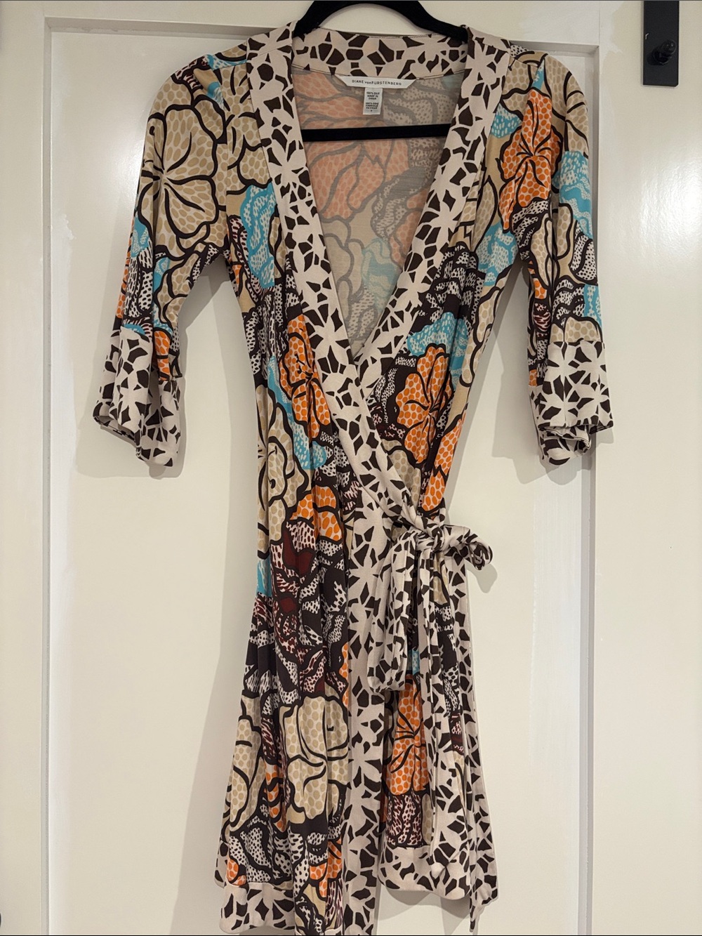 Diane Von Furstenberg Floral Wrap Dress in Beige, Orange & Turquoise Accents XS